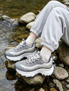 2026 Autumn/Winter New Chunky Sneakers, Thick Sole, Fashionable, Beautiful, Commuting, Outdoor, Travel, Campus, Versatile Lace-Up Gym - Grey - View 9