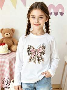 Girls Cotton Twill Long-Sleeved T-Shirt, Autumn/Winter Style, With Leopard-Print Bow Design, In A Cute And Sweet Preppy Style - White - View 4