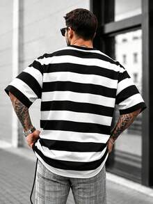 Men's Soft Striped T-Shirt, Casual Crew Neck Short Sleeve Streetwear T-Shirt, Suitable For Daily Wear, Vacation And Weekend - Black - View 2