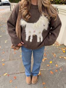 Sweater Pullover Lengan Panjang Motif Hewan Cokelat untuk Wanita - Coklat - View 2