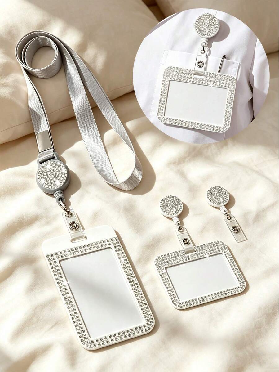 Shiny ID Card Holder With Lanyard, ID Card Storage Box, Anti-Loss Lanyard, Student ID Card Holder, Self-Service Restaurant Card Holder, Slide Cover, Dual Card Slots, Small Card Slot, Bus Card Holder, Non-Inductive, Bank Card Holder, Subway Card Storage, Adjustable Portable ID Card Holder Decorative Keychain, Suitable For Office Workers And Students, Perfect Gift, Back To School Gift, Couple Card Holder, Bank Card Holder, Travel Essential, Back To School, Commuting, Business Trip, Vacation - Multicolor - View 1
