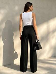 Women's High-Waisted Pleated Loose Fit Trousers, Suitable For Work And Casual Occasions, Black Color (Belt Not Included), Spring/Summer - Black - View 4