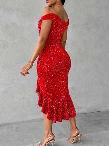 ChicMe Cold Shoulder Beaded Ruffle Slim Fit Midi Dress, Sexy Party Elegant Fashion Outfit - Red - View 3