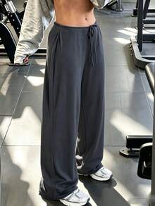 Women's Knitted Straight Leg Pants, Medium Stretch, With Faux Drawstring, Fashion Long Pants - Dark Wash - View 11