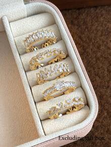 5pcs Fashionable Elegant Cubic Zirconia Geometric Copper Ring Set Suitable For Women Wedding Party Wear (Gift Box Not Included) - Yellow Gold - View 9