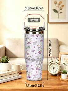 1pc/5pcs 30oz Cute Purple Duck Stainless Steel Insulated Tumbler With Handle And Straw, Cartoon Duck, Bow And Lavender Floral Print Design, Perfect Birthday And Holiday Gift, Leak-Proof Flip Lid, Suitable For Travel, Work, Fitness And Daily Outdoor Use - Purple-duckling - View 3
