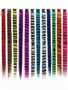 1pc/12pcs Leopard Print Clip-In Hair Extensions 18 Inch Synthetic Fiber Long Straight Hair Colorful Striped Hair Pieces Halloween Party Cosplay Y2K Style For Women - Multicolor - View 21