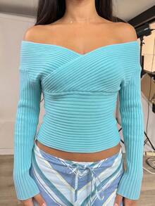 HoloChill Women's Young Influencer Casual Style Ribbed Knit Off-Shoulder Long Sleeve Pullover Sweater, Cinched Waist Design, High Elasticity Knit Top, Fall Casual 2026 New Arrival, Women's Elegant Outfit For Going Out, Back To School, Homecoming, Fall/Winter French - Blue - View 10