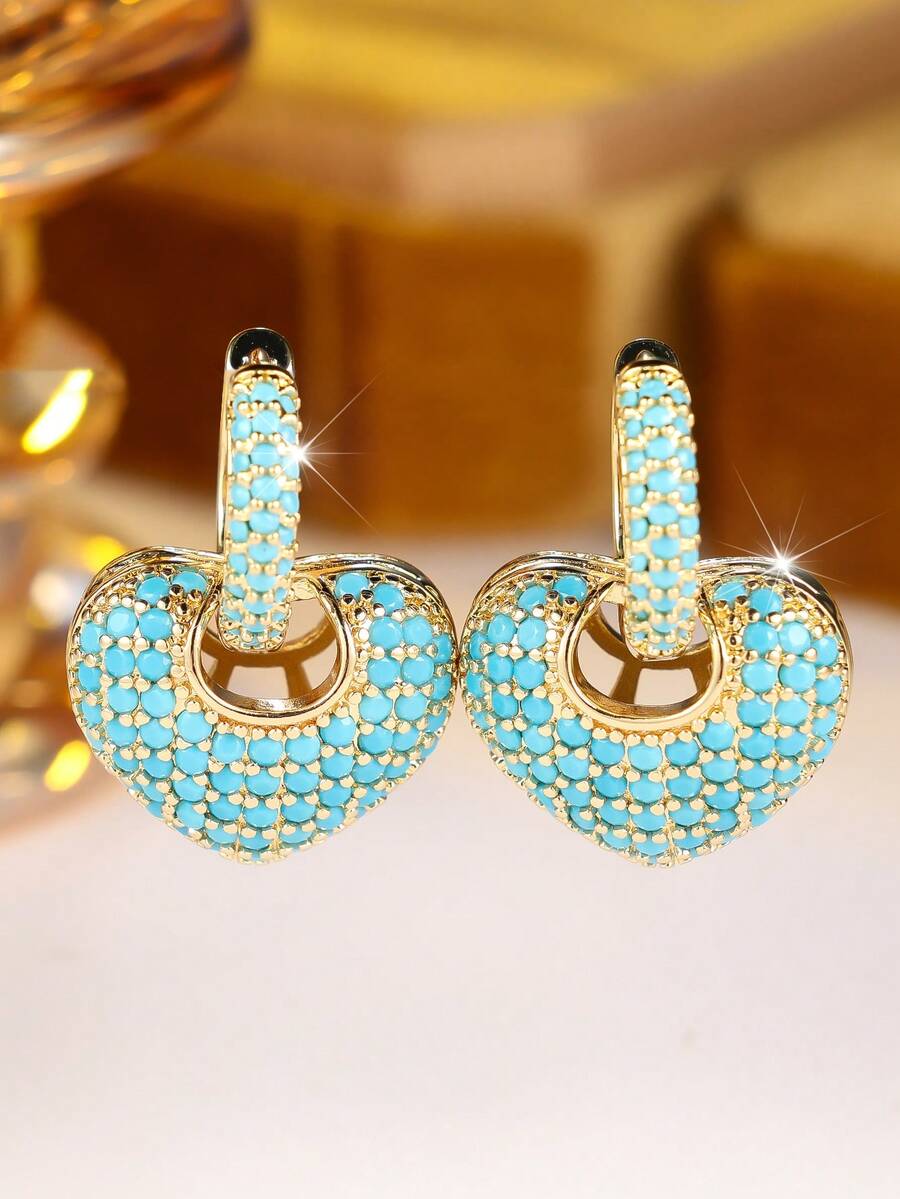 Vanel 1 Pair Bohemian Vintage Heart Lock Hollow Earrings For Women, Suitable For Daily Wear, Beach Vacation, Party, Outing - Golden-blue - View 1