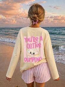 Tween Girl 1pc Printed Long Sleeve T-Shirt, Suitable For Tween GirlsAutumn/Winter Tops, Young Student Children's Clothing, Suitable For Outerwear And Layering - Apricot - View 3