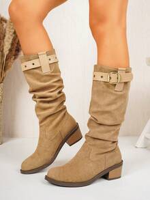 Women's Faux Suede Tall Boots With Buckle, Chunky Heel, Western Style, Ruched Stacked Boots, Commuter Boots - Khaki - View 3