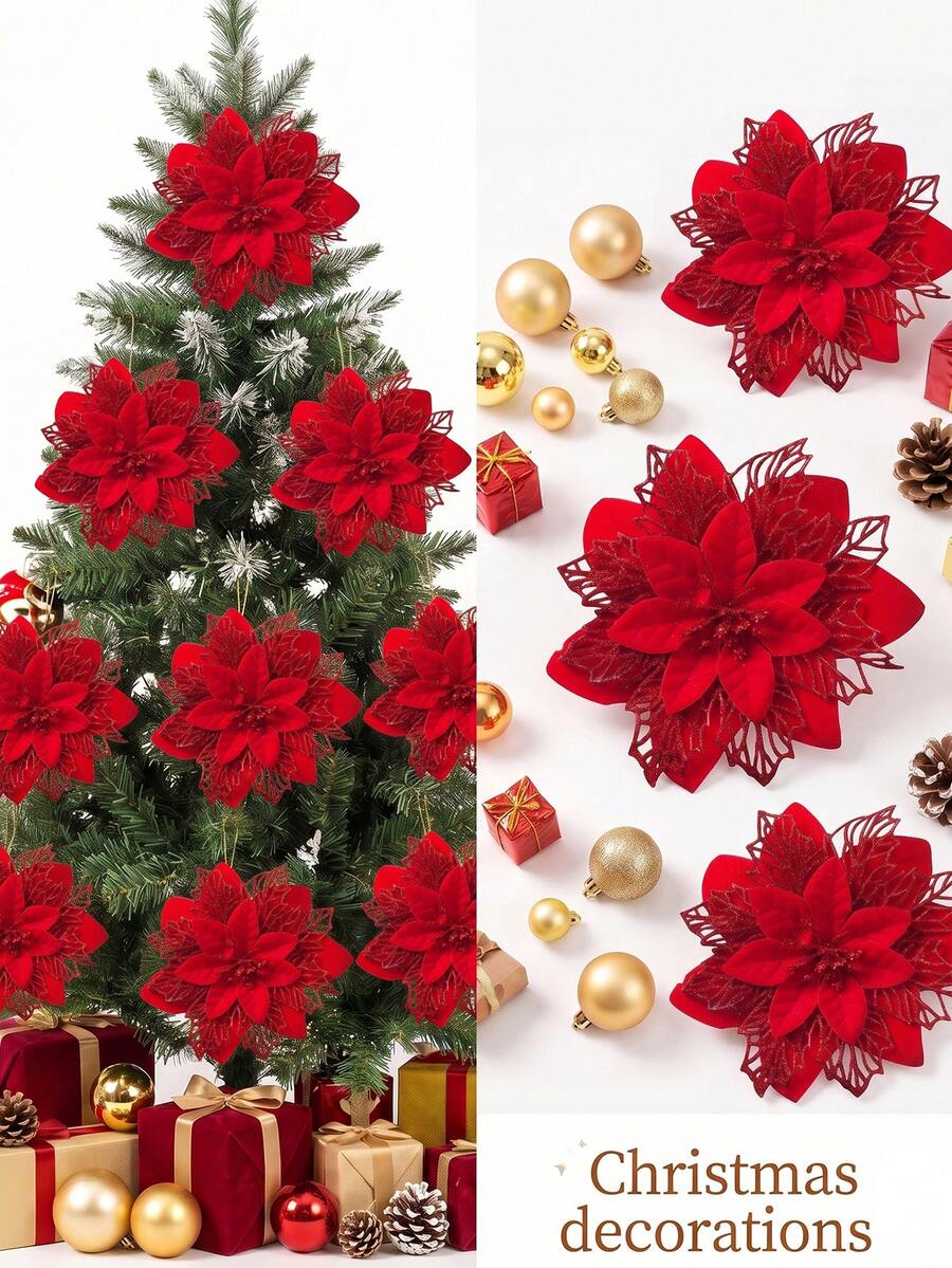 1/10/20/30pcs Shiny Gold Christmas Flower Decor Clips, DIY Holiday & Seasonal Decoration, Suitable For Weddings, Christmas Trees And Parties, Easy To Install, Durable