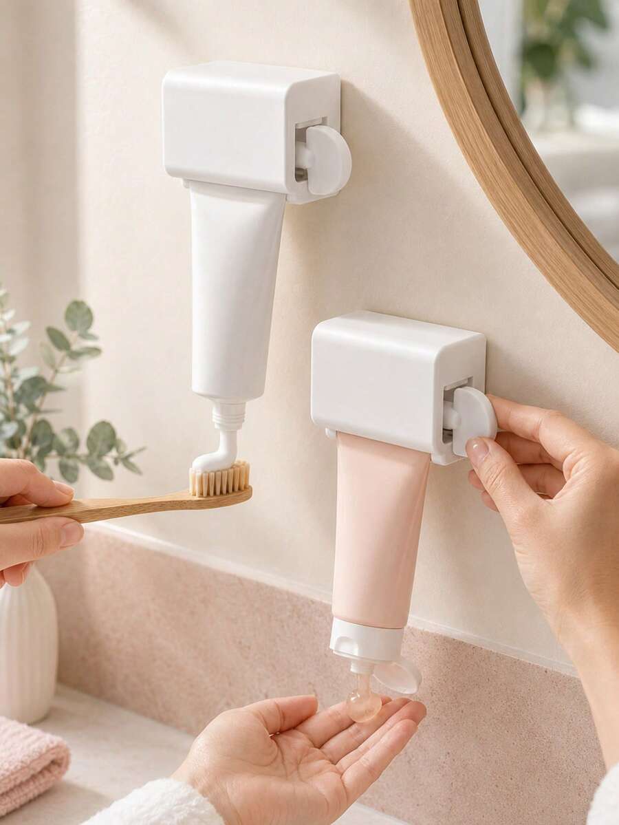 1/2pcs No-Drill ABS Wall-Mounted Toothpaste Squeezer, Adhesive Tube Roller With Rotating Handle For Toothpaste, Cleanser & Cosmetic Tubes, Bathroom Organizer, School Essentials And University Essentials For Dorms, Bathroom Decoration Accessories