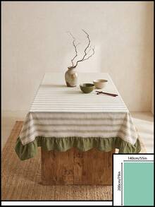 1pc Beige With Green Fine Stripes And Olive Green Ruffle Edge Tablecloth, Fresh Natural Style Fabric, Rectangular Olive Green Ruffle Edge Patchwork Detail Decorative Functional Dining Tablecloth Suitable For Daily Home Dining And Fresh Home Decor Scenes - Green - View 10