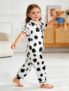 Faux Silk Fabric Cool Silky Cute Cow Print Short Sleeve Long Pants Set - White - View 1