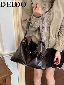Dedoo Women's Tote Hobo Bag, Solid Color Soft PU Leather, Rivet Hole Wide Strap, Large Capacity, Cool Motorcycle Style, Autumn/Winter Daily Commute - Coffee - View 5