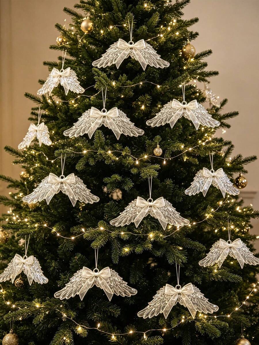 10-Piece Christmas Ornament Set, Including A Clear Angel Wing Crystal Pendant, With Ribbon And Silver Thread. Suitable For Christmas Trees, Party Decorations, DIY Holiday Decorations, Home Decor, New Year's Decorations, And Window Displays. - Multicolor - View 1