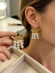 1 Pair Faux Pearl Flower Earrings, Fashionable & Unique - Gold - View 2