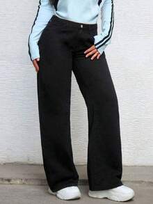 Teenage Girls' Fashion Solid Color Straight-Leg Jeans - Black - View 6