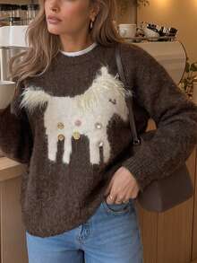 Sweater Pullover Lengan Panjang Motif Hewan Cokelat untuk Wanita - Coklat - View 1