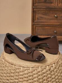 MonaNise Square Toe Low Block Heel Work Pumps - Brown - View 3
