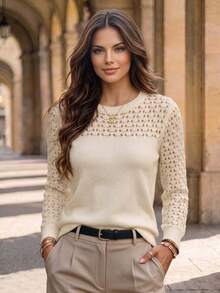 Fashion Women's Long Sleeve Hollow Design Sweater, Regular Length Off-White Semi-Sheer Detail Pullover, Suitable For Autumn White - White - View 2