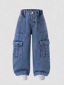 Boys Dual Side Large Pockets Cargo Wide Leg Denim Jeans Autumn Fashion Semi-Elastic Waist Washed Casual Straight Leg Long Pants - Medium Wash - View 1
