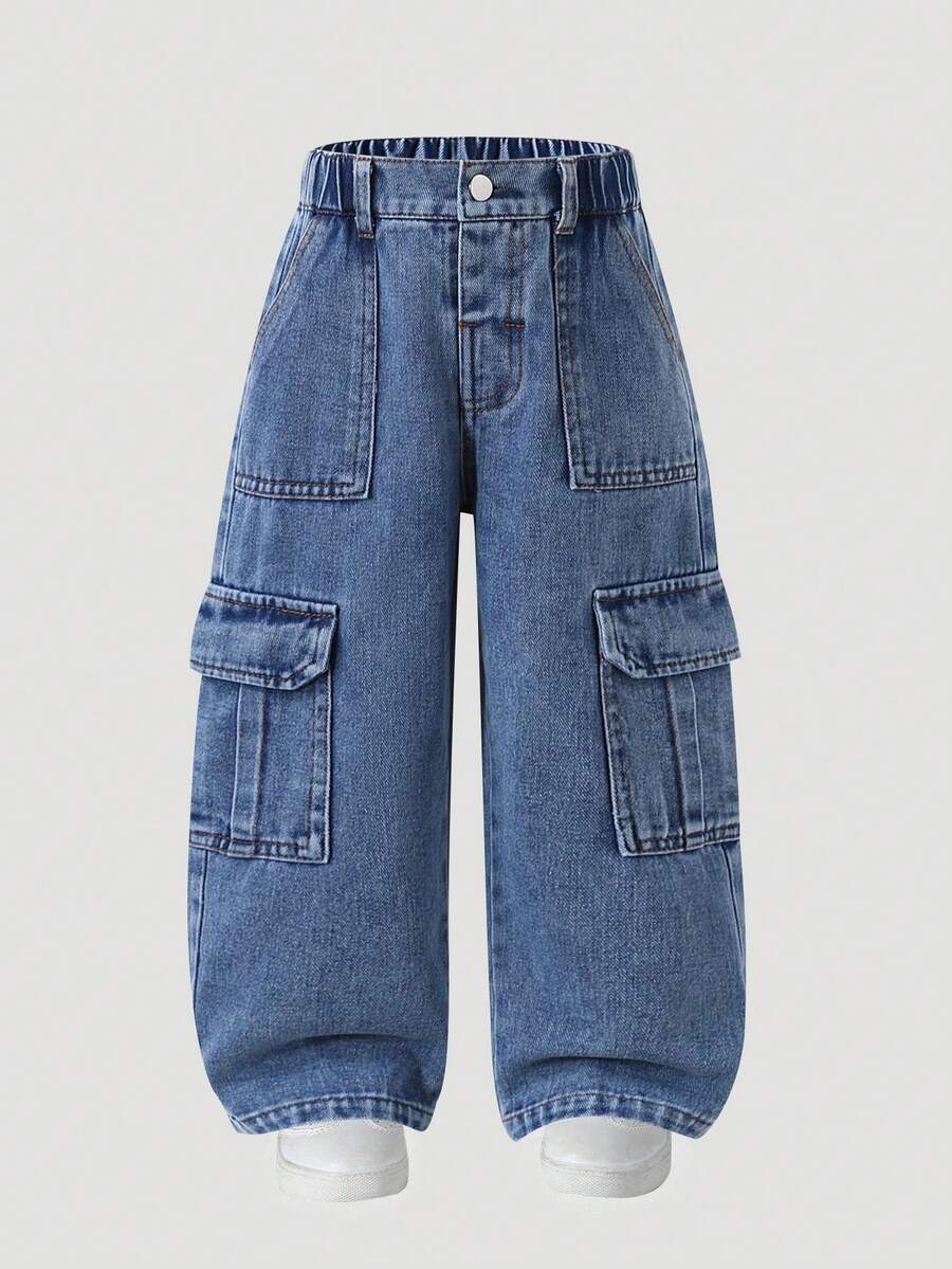 Boys Dual Side Large Pockets Cargo Wide Leg Denim Jeans Autumn Fashion Semi-Elastic Waist Washed Casual Straight Leg Long Pants - Medium Wash - View 1