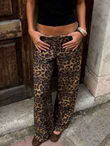 Women's Leopard Print Loose Distressed Knitwear Pants; Suitable For Autumn/ Winter; Chic And Elegant; Easy To Stretch; Office And Back To School - Brown - View 1