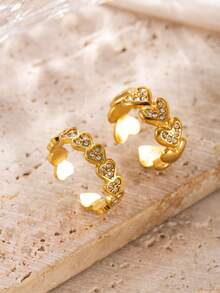 2pcs Sweet & Cool Y2K Fashion Stainless Steel Gold Ring Set, Full Rhinestone Heart Chain Design, Suitable For Women's Daily Wear, Dating, Engagement, Wedding, Holiday, Saudi National Day - Gold - View 7