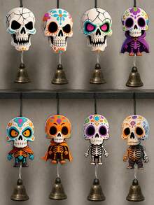 8 Peças Sinos de Vento com Caveira Pintada do Dia dos Mortos & Halloween, Decoração de Bruxa de Abóbora, Uso Interno/Externo, Som Nítido e Agradável, Adequado para Quintal, Fazenda, Festa ou como Presente - Vários estilos - Visão 4