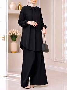Women's Casual Minimalist Loose Long Sleeve Shirt + Wide Leg Pants 2pcs Set, Solid Color Front Button Tie-Up Daily Wear - Black - View 5