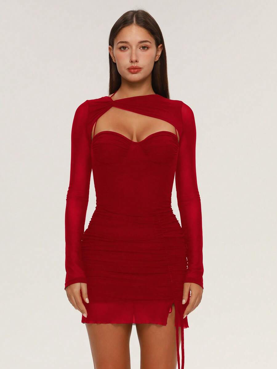 Women's Ruched Heart-Shaped Cutout Long Sleeve Fitted Mini Mesh Party Dress Birthday Short Dress Elegant - Cherry Red - View 1