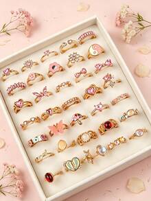 9/18Pcs/Lot Fashion Exquisite Sweet Heart-Shaped Pink Rhinestone Oil Drop Rings For Women Men Holiday Party Gifts Daily Wearing Jewelry Accessories - Pink Rhinestone Cat's Eye Gold Ring - View 3