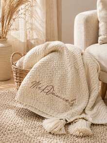 1pc Personalized Script Embroidery Knitted Blanket, Custom Text Tassel Trim Knit Throw, Multi Color Selection, Decorative Bedding Cover, Ideal Holiday Gift For Housewarming, For Partners, Close Friends, Family Members - Multicolor - View 5
