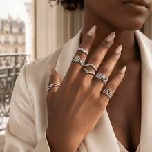 6pcs/Set Women's Silver Adjustable Open Rings, Daisy Flower, Snake, Heart, Twisted Chain, V-Shape Beaded Edge And Round Bead Braided Stackable Ring Set, French Vintage Versatile Hand Jewelry, Suitable For Daily Wear, Party And Gift - 6-piece Ring Set - View 6