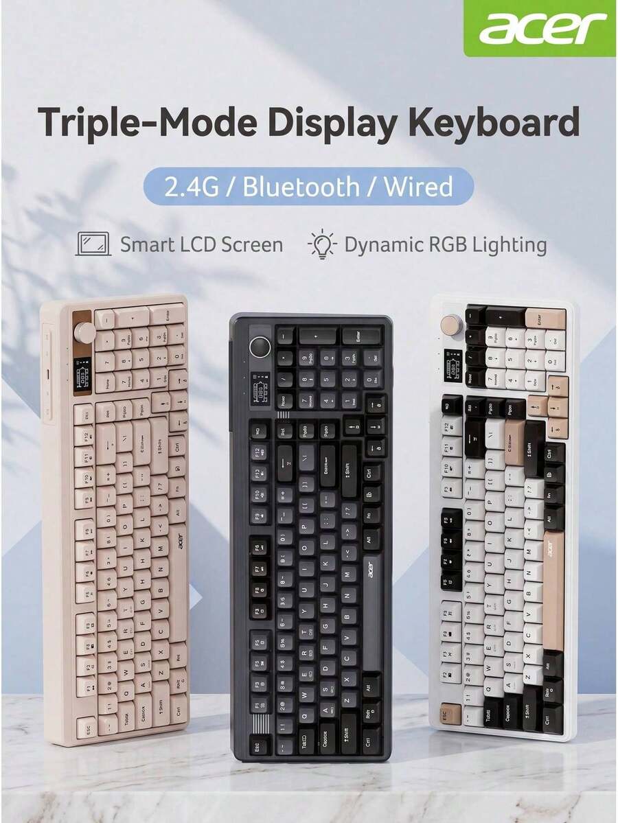 Acer OKW222 Mechanical Feel Keyboard With Display, Backlit Gaming Keyboard For Desktop And Laptop, Universal Office And Business USB Interface, Three-Mode - View 1