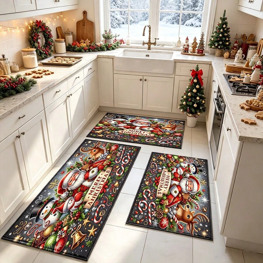 1pc Kitchen Floor Mat, Soft Faux Cashmere Material, Christmas Theme Cartoon Non-Slip Floor Mat, Suitable For Kitchen, Bathroom, Entrance Door, Holiday Atmosphere Decorative Floor Mat, Multi-Scenario Use Non-Slip Floor Mat, Christmas Room Decoration, Holiday Gift - Multicolor - View 1