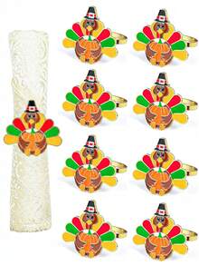 2/6pcs Thanksgiving Turkey Napkin Rings, Metal Turkey Napkin Holders, Autumn Harvest Table Decor, Cartoon Turkey Napkin Clips, Thanksgiving Dinner Party Table Decoration, Photo Props, Thanksgiving Gift - Multicolor - View 11
