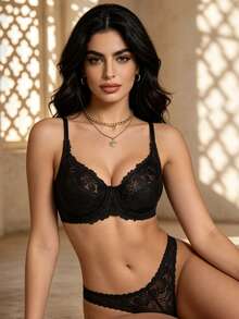 Temptuelle Women's Lace Patchwork Jacquard Wavy Underwire Supportive Push-Up Bra - Black - View 4