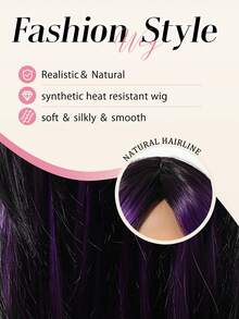 Topshe 20 Inch Black With Purple Highlights Straight Layered Wig, Face-Framing Curtain Bangs, Synthetic Hair, Natural Silky Straight Texture, Heat-Resistant Fiber, Adjustable Breathable Wig Cap, Avant-Garde Deep Purple Highlights Wig, Suitable For Gothic Style Cosplay And Party Looks - Purple - View 7
