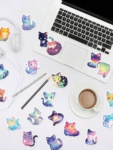 50Pcs Gradient Nebula Kitten Pp Stickers, Cartoon Patterns Of Pink‑Blue‑Purple Iridescent Galaxy Cats, Suitable For Luggage, Helmet, Guitar, Scrapbook, Water Bottle - Multicolor - View 3