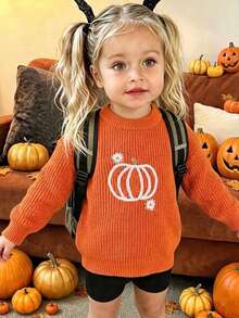 Girls Cute Embroidered Pumpkin Sweater, Crew Neck Long Sleeve Knit Pullover, Suitable For Halloween, Casual Wear, Spring, Autumn, Winter - Orange - View 6