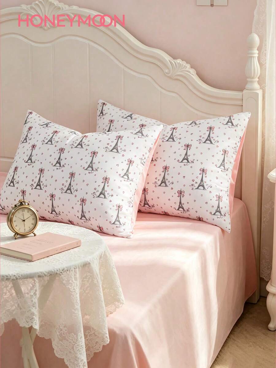 HONEYMOON 2pcs Tower And Bowknots Printed Pillowcases Without Filling, Soft Fabric Pillowcase, Suitable For Daily Living Room Bedroom Home Decor, Sofa Cushion Cover, Car Pillow Cover, All Seasons, Machine Washable - Multicolor - View 1
