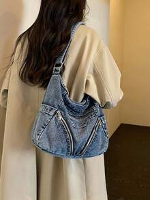 Washed Distressed Denim Crossbody Bag For Women, Multi-Zipper Pockets Large Capacity Vintage Hobo Utility Style Bag, Can Fit Tablet, Umbrella, Cosmetics And Other Daily Essentials. - Baby Blue - View 6
