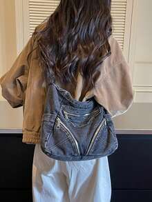 Washed Distressed Denim Crossbody Bag For Women, Multi-Zipper Pockets Large Capacity Vintage Hobo Utility Style Bag, Can Fit Tablet, Umbrella, Cosmetics And Other Daily Essentials. - Baby Blue - View 7
