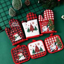 2pcs/1set Christmas Heat-Resistant Polyester Oven Mitts, Kitchen Oven Microwave Heat-Insulating Gloves, Waterproof Non-Slip, Suitable For Baking, Grilling, Cooking, Kitchen Essentials, Christmas Holiday Decoration And Party - View 1