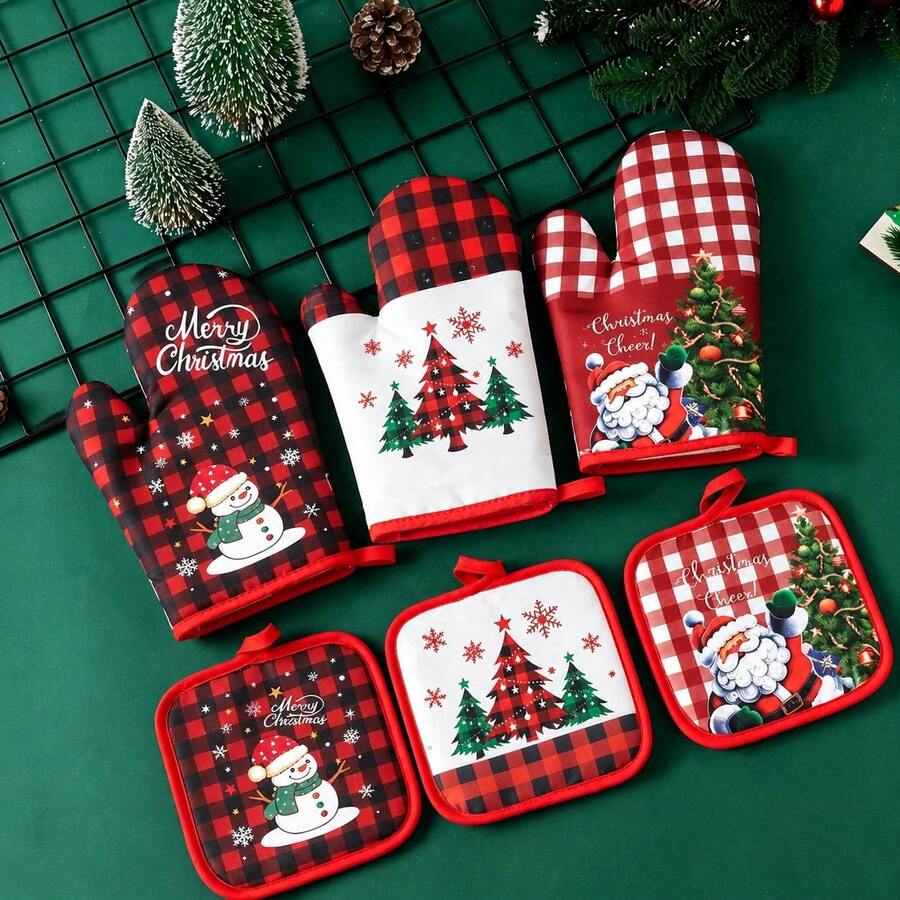 2pcs/1set Christmas Heat-Resistant Polyester Oven Mitts, Kitchen Oven Microwave Heat-Insulating Gloves, Waterproof Non-Slip, Suitable For Baking, Grilling, Cooking, Kitchen Essentials, Christmas Holiday Decoration And Party - View 1