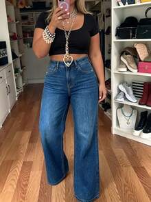 Washed Denim High Waist Draped Wide Leg Long Casual Jeans Plus Size Women's Denim Pants Fall - Dark Blue - View 2