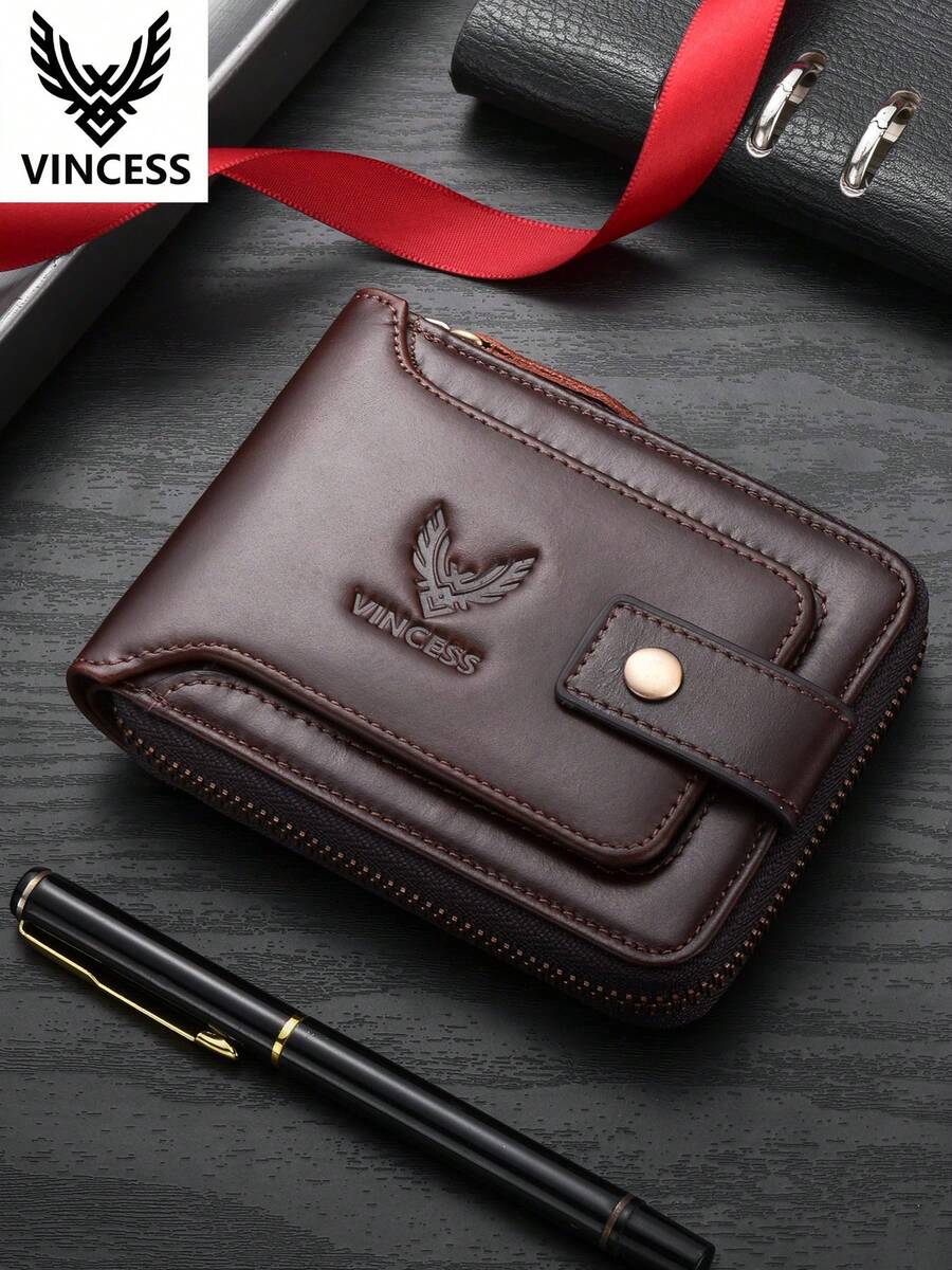 VINCESS Men's Vintage Cow Leather Wallet, Casual Genuine Leather Wallet, Anti-Theft Multi-Layer Card Slots, ID Window, Zipper Cash Compartment, Secure And Convenient For Daily Use, Men's Holiday Gift - Coffee Brown - View 1
